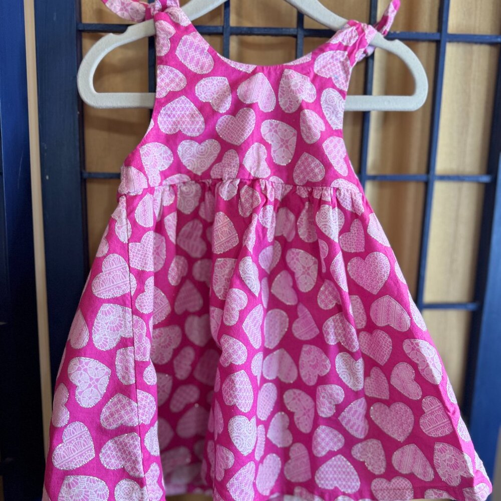 Toddler Girls 3T Pink Heart Print Dress, Tie Shoulder, Twirl-Ready Skirt - Picture 1 of 5